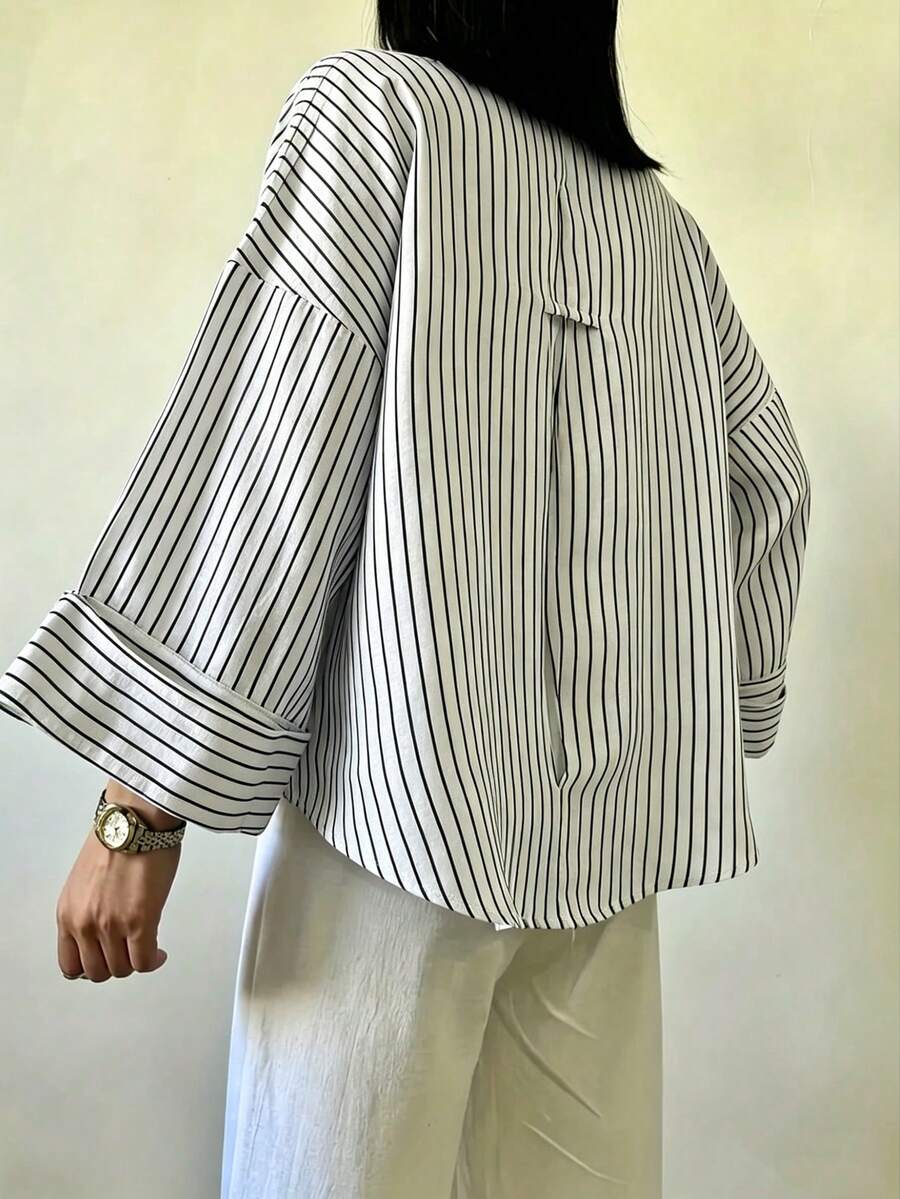 Women's Polyester Striped Drop Shoulder Long Sleeve Collared Shirt, Front Button Design, Regular Length, Non-Stretch Fabric Top - Black and White - View 1