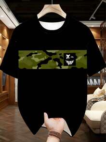 Men's Street Casual Sports Set - Polyester Knit Fabric, Round Neck Design, Drawstring Shorts, Pockets, Regular Fit, Suitable For Plus Size - Cool Camouflage "Evil Face" Print Design - Multicolor - View 3