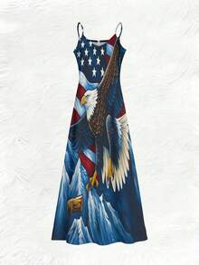 Am-Erican Eagle And Flag Women's 3D Print Spaghetti Strap Maxi Dress, Comfortable Fabrics Casual V-Neck Long Dress Summer And Spring Outfits - 混合色 - 查看 3