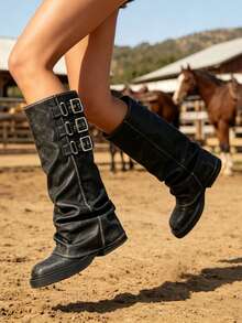Botas altas hasta la rodilla con plataforma, puntera redonda, de caña ancha, de tacón grueso y bajo, con hebilla, cómodas y casuales para mujer - Negro - Ver 10