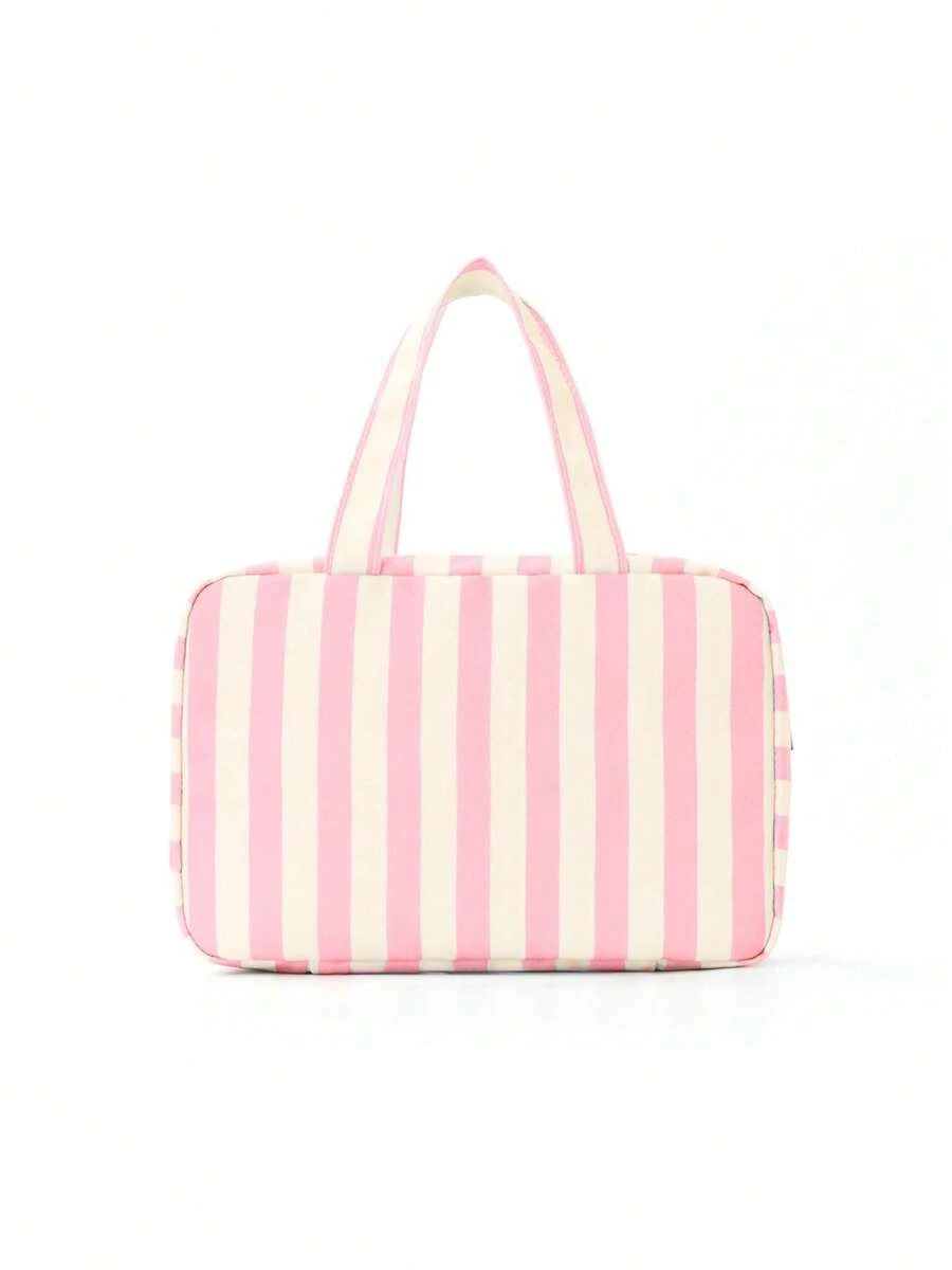 Striped Unisex Travel Toiletry Bag Large Capacity Foldable Portable Cosmetic Bag With Hanging Hook For Shower Gym Bathroom Essentials - 粉紅米色條紋 - 查看 1