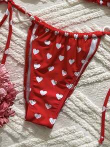 2pcs/Set Sweet & Cute Women Beach Holiday Bikini Swimsuit, Heart-Shaped Accessory Halter Drawstring Design, Suitable Spring/Summer Spa, Pool, Festival, Party Swimwear Vacation P63V - 白色紅色 - 查看 2