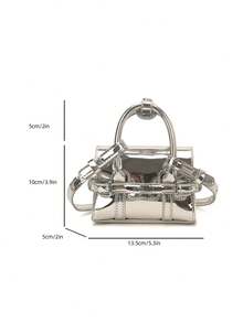 New Double-Clip Belt Glossy Mini Bag, Cute Punk Motorcycle Fashion Handbag, Crossbody Bag For Teenagers, Lipstick Pouch Mini Accessory Bag - Silver - View 3