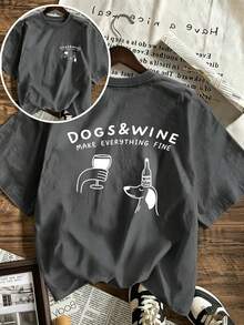 2026 Cartoon Puppy & Red Wine Graphic Print Crew Neck Short Sleeve T-Shirt. New Minimalist Women's T-Shirt With A Cute Pattern, Casual Holiday Style, Relaxed Fit, Crew Neck And Short Sleeves. - 黑暗的 - 查看 4