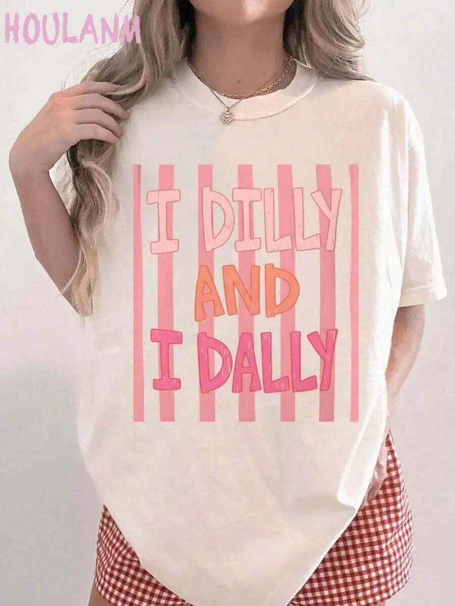 Women's Casual Short Sleeve T-Shirt With Pink Striped Graphic Print "I Dilly And I Dally", For Summer Vacation | Spring Tops, Plus Size Short Sleeve T-Shirt, Women's Clothing, Women's Summer Clothes - 白色 - 查看 1