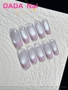 10片手工亚克力美甲贴纸套装，美甲用品，短款长方形美甲贴纸，紫色闪粉法式美甲贴纸，亚克力美甲胶，UV美甲凝胶，优雅日常美甲贴纸，简约浪漫，手绘，假指甲，美甲套装，包含美甲工具，适合女性和女孩 - 短款长方形，粉色闪粉优雅法式美甲贴纸，简约日常美甲套装 - 彩色 - 查看 2