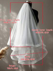 1件双层鱼骨纹饰边新娘头纱，短款，带发梳，适合婚礼、婚纱摄影和单身派对。 - 彩色 - 查看 8
