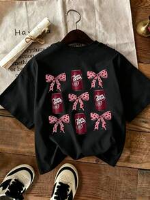 Áo thun ngắn tay cổ tròn họa tiết da báo, nơ và soda dành cho bé gái, trang phục mùa xuân/hè mới thoải mái cho bé gái tuổi teen. - màu đen - Xem 1