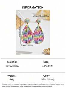 OOQ 1 Pair Handmade Raffia Water Drop Earrings, Bohemian Style, Colorful Summer Holiday Party Music Festival Jewelry, Versatile Daily Wear Gift For Women (Handcrafted Raffia Weaving, Shape & Direction Random) - Mixed Color - View 6