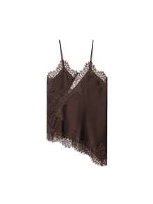 Nueva llegada Camiseta de mujer con decoración de encaje sexy, estilo europeo y americano para el verano - Marrón 2 - Ver 5