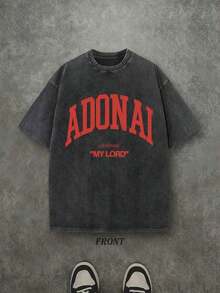 Retro Washed T-Shirt, Single-Sided Print (230 Pure Cotton T-Shirt) 'ADONAI MY LORD' Letter And Pattern Print, Men's T-Shirt, Casual Men's Shirt, Comfortable, Fashionable T-Shirt, Cotton Streetwear - 黑色 - 查看 8