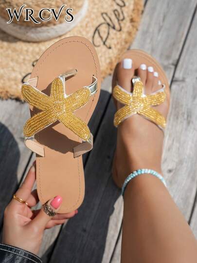 大码女士平底拖鞋，手工串珠度假鞋，波西米亚风人造革珍珠平底凉鞋，夏季