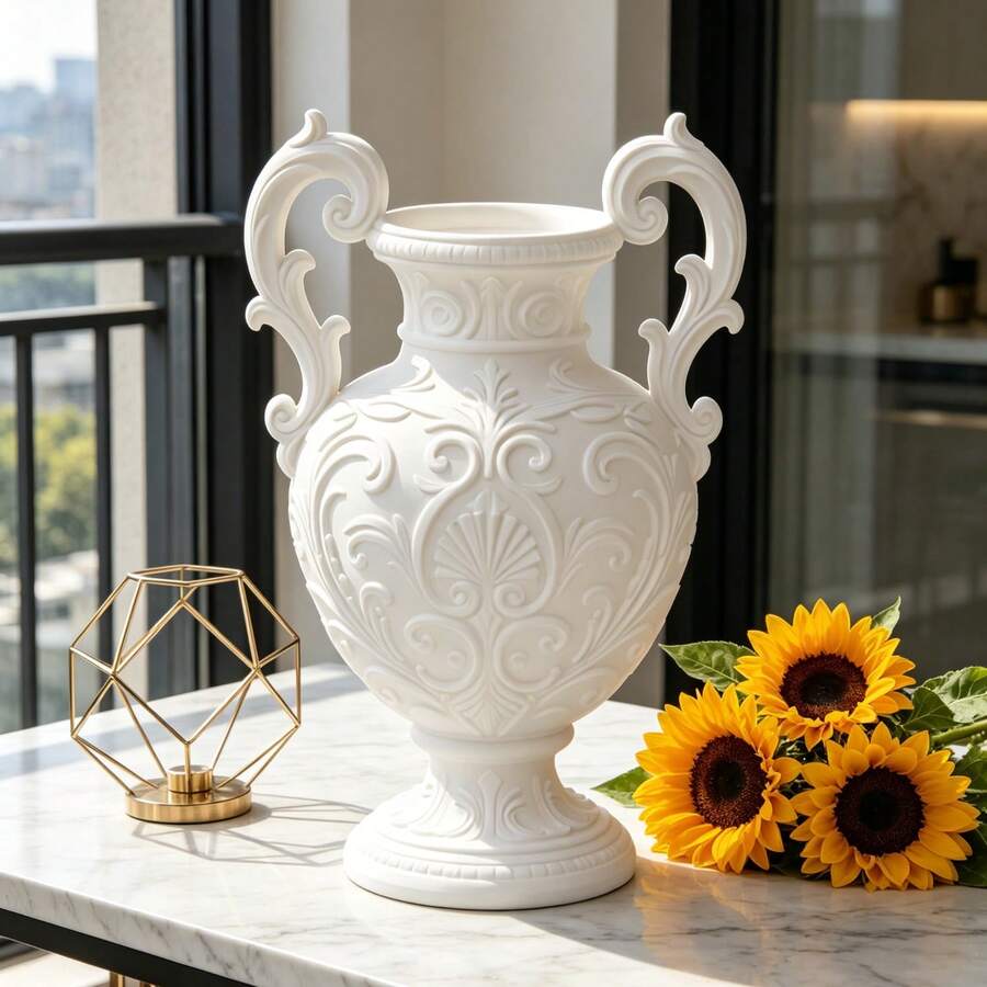 3D Relief Double-Handled Plastic Vase, White/Black, Special Decorative Ornament For Dried And Artificial Flowers, Flower Arrangement Container For Living Room, Balcony, And Tabletop, Versatile Home Decor Vase With A Light Luxury Style - White - 查看 1