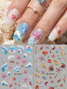 QIANJIKU 2片装5D立体海洋风美甲贴纸 - 3D海星、海马、海龟美甲贴花 - 适合夏季海滩度假/户外派对/音乐节/清新海洋主题DIY美甲装饰 - 彩色 - 查看 2
