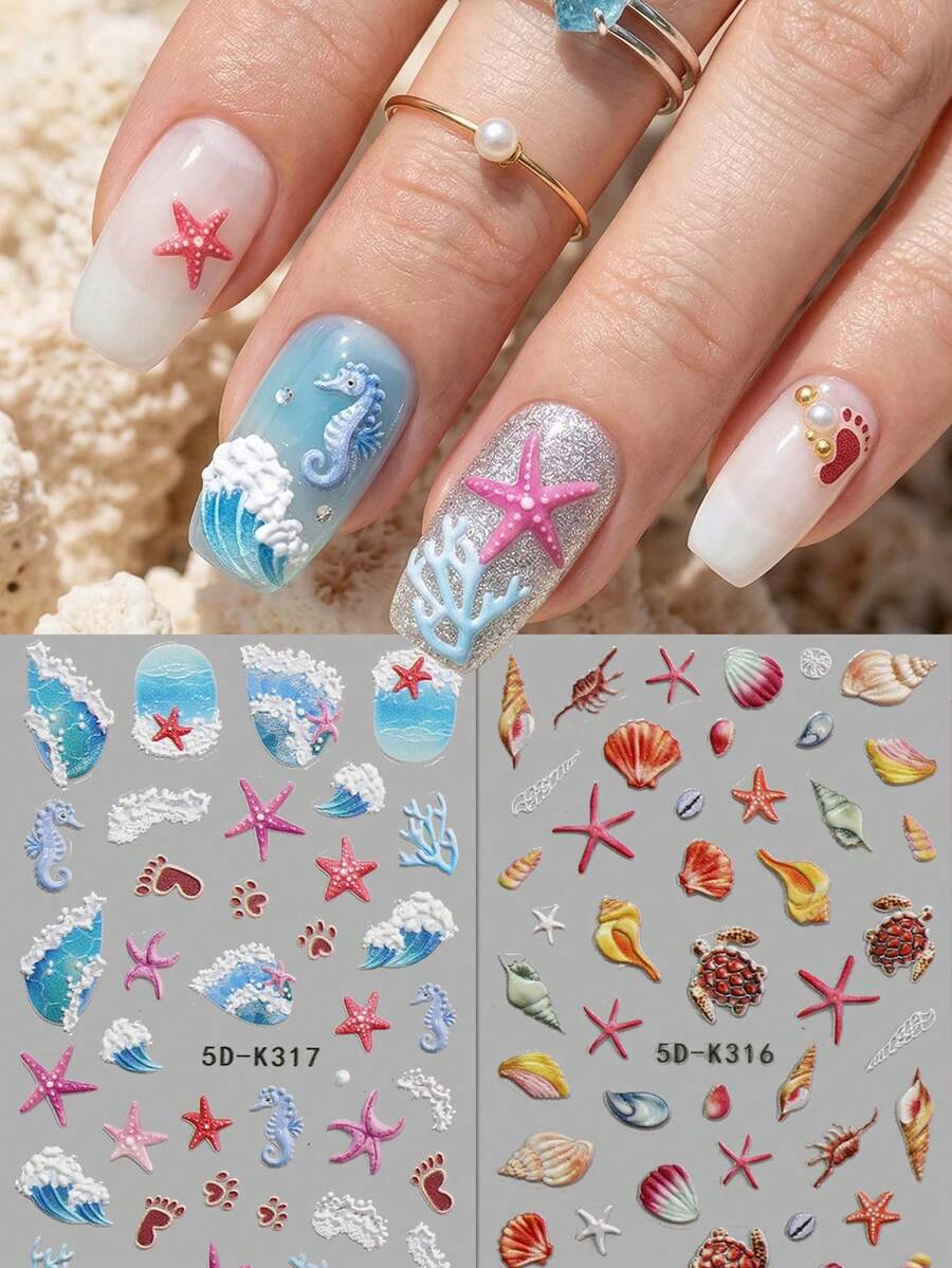 QIANJIKU 2片装5D立体海洋风美甲贴纸 - 3D海星、海马、海龟美甲贴花 - 适合夏季海滩度假/户外派对/音乐节/清新海洋主题DIY美甲装饰