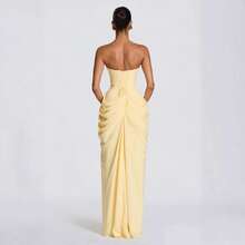 Asymmetrical Pleated High Split Dress - Light Yellow - View 4