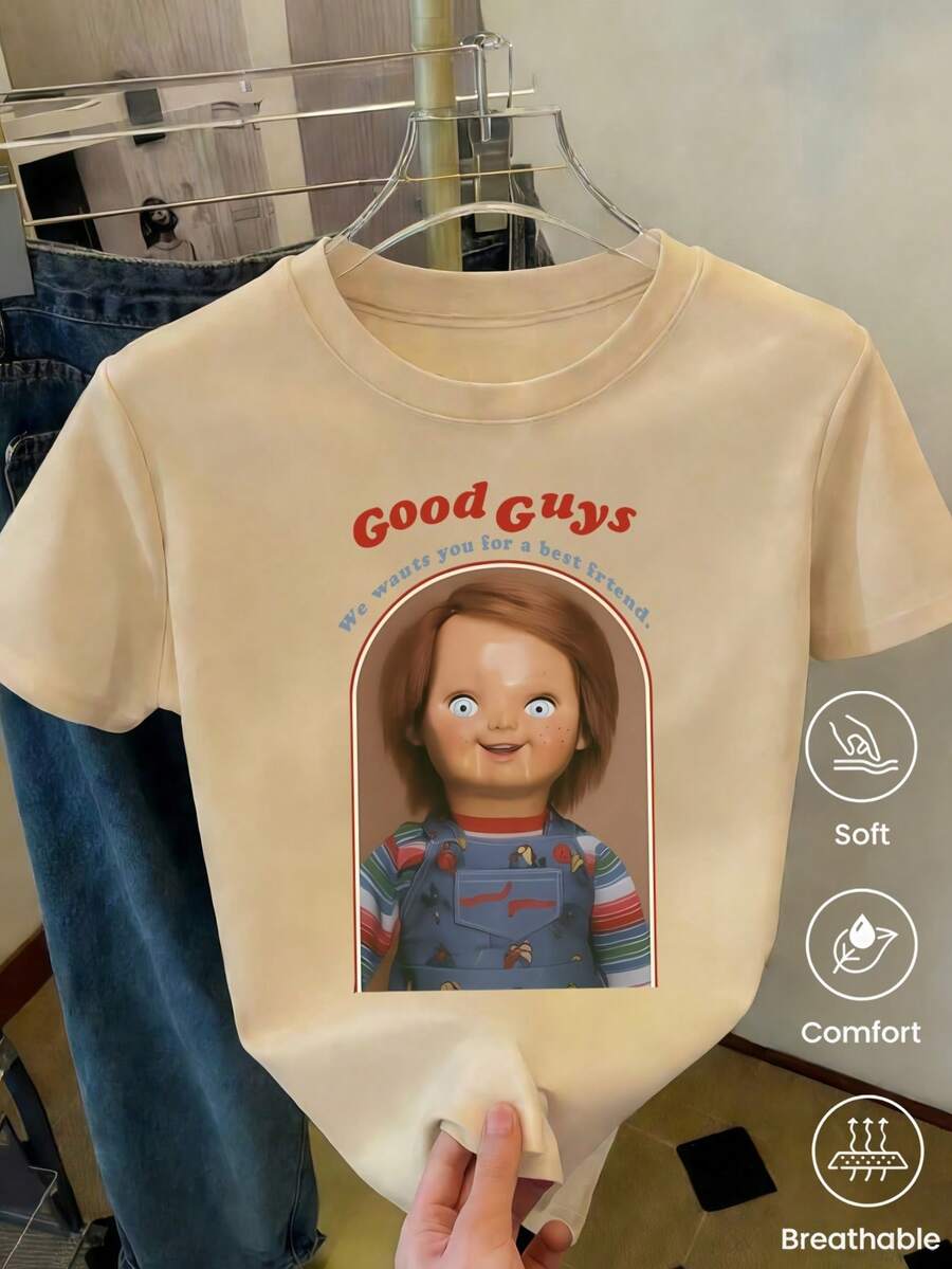 Camiseta de cuello redondo y mangas cortas de ropa fashion, fabricada en México, para la temporada primavera-verano 2025. Con estampado de dibujos animados, es un modelo de pareja, apta para usar tanto por dentro como por fuera, ideal para oficina y estilo casual, diseñada para hombres y mujeres, en unidad individual. - Albaricoque - Ver 1