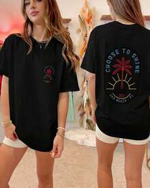 Camisetas Oversized para Mujer con Estampado de Cocotero Estilo Y2K, Camisetas de Manga Corta con Estampado de Cocotero/Letras, Cuello Redondo, Corte Holgado, Camisetas Holgadas de Verano con Estética Vintage, Ropa para Adolescentes Estilo Preppy Costero, Streetwear - Top Corto Unisex Blanco y Azul Marino con Hombros Descubiertos - Camiseta Vintage de Estilo Urbano Unisex de Algodón, Manga Corta y Cuello Redondo. - Negro - Ver 6