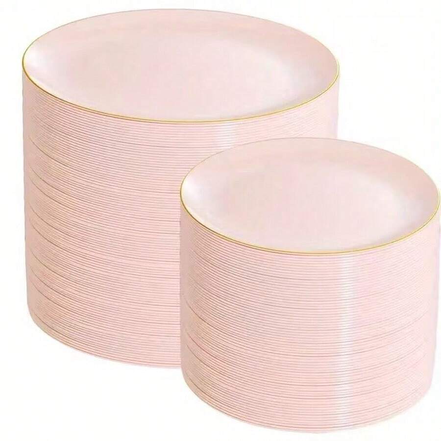 Bộ đồ ăn màu hồng viền vàng đơn 50/25/12/7/1 món, khay đựng thức ăn, đĩa salad trái cây, đĩa ăn chính, đĩa tráng miệng, bộ đồ ăn salad có thể rửa được, tái sử dụng, dễ lau chùi. Thích hợp cho trang trí đám cưới, trang trí Giáng sinh, tiệc sinh nhật, họp mặt gia đình, hoạt động nhóm ngoài trời, trường học, nhà hàng và tiệc nhà bếp, quà tặng theo mùa cho gia đình và trường học.