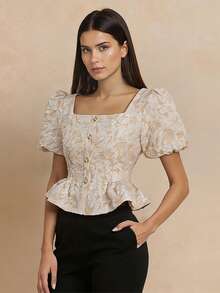 1 chiếc áo kiểu tay ngắn Amyenjoylife Modern Filipiniana Peplum cài nút bèo nhún, thích hợp mặc đi làm, đi nghỉ mát, hẹn hò, mùa hè, màu Champagne - Rượu sâm banh - Xem 1