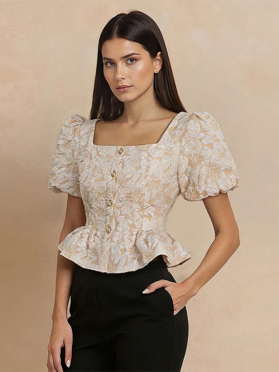 1 chiếc áo kiểu tay ngắn Amyenjoylife Modern Filipiniana Peplum cài nút bèo nhún, thích hợp mặc đi làm, đi nghỉ mát, hẹn hò, mùa hè, màu Champagne - Rượu sâm banh - Xem 1