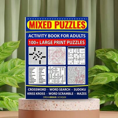 1 cuốn sách tổng hợp trò chơi giải đố, bao gồm các câu đố chữ, Sudoku, mê cung và nhiều trò chơi trí tuệ khác, phù hợp cho người lớn và người cao tuổi, giúp rèn luyện khả năng nhận thức, thư giãn và giải trí, là lựa chọn quà tặng tuyệt vời (Không bao gồm bút).