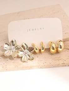Set de 6/18 pendientes con baño de oro - Incluye diseños únicos de flores, lazos, formas de lágrima y aros en C, combinados con pendientes tipo botón y de lágrima con acabado brillante, aptos para uso diario y fiestas - Multicolor - Ver 6