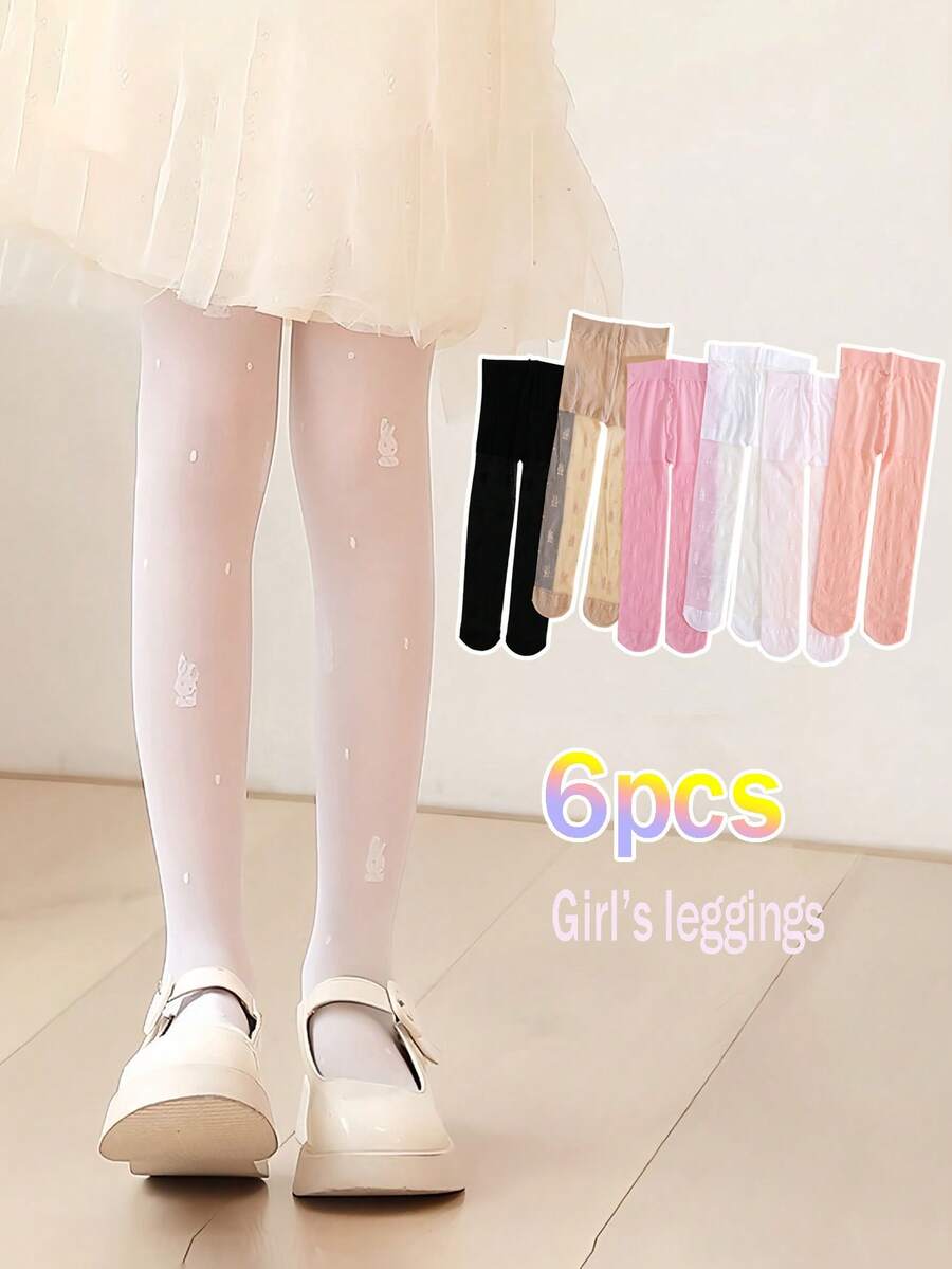 6 Pairs Girls' Cute Rabbit Jacquard Mesh Tights, Colorful Macaroon Sheer Stirrup Leggings, Sweet Bright Colors For Spring/Summer, Suitable For Girls' Daily Wear - Multicolor - View 1