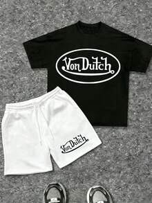 Mens Creative T Shirt And Shorts Set American Vintage Full Print Street Wear Essential T Shirt Set Men Graphic T Shirt And Shorts Set With Vonn Dutch Originals Logo Print - 黑色 - 查看 1