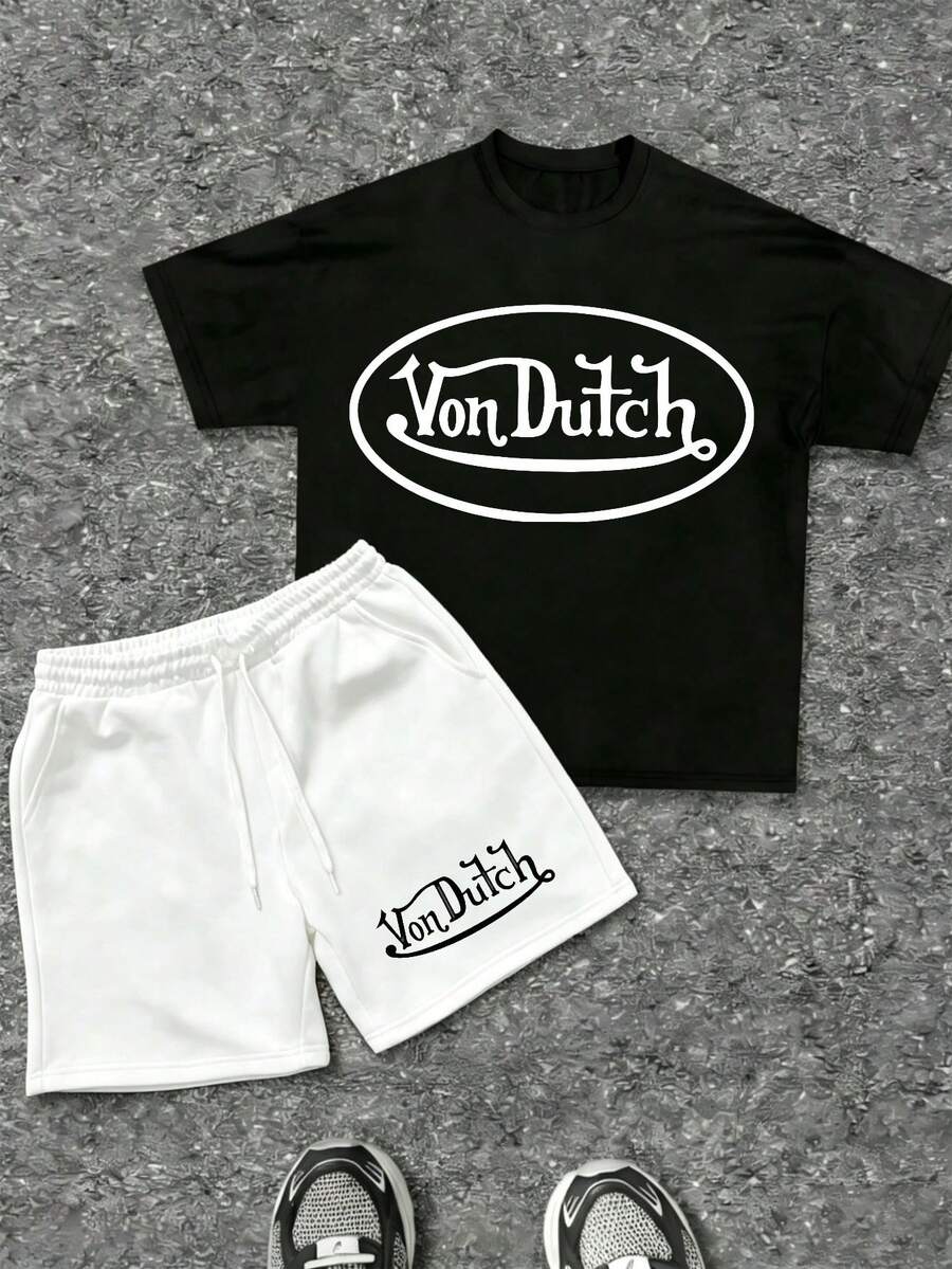 Mens Creative T Shirt And Shorts Set American Vintage Full Print Street Wear Essential T Shirt Set Men Graphic T Shirt And Shorts Set With Vonn Dutch Originals Logo Print - 黑色 - 查看 1