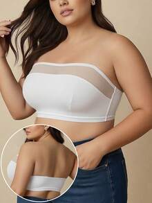 Plus Size Women's Comfortable Strapless Wireless Mesh Bra, Curve Design Seamless Vacation Bra, One-Piece Camisole Underwear - White - View 3