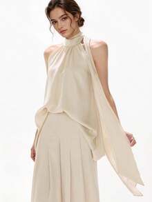 2pcs Solid Color Elegant Backless Tie Front Short Back Long Women's Suit, Beach Vacation Date Outfit, Spring/Summer - Apricot - View 3