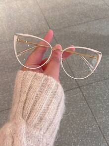 1 Pair Women's Black Outlined Cat Eye Metal Frame Vintage Thin Arm Personalized Spring Leg Non-Prescription Glasses - Gold Painted White - View 2