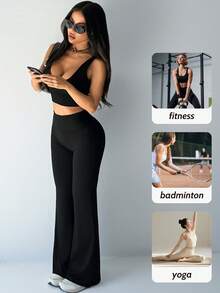 1 chiếc quần legging yoga ống loe nhẹ mùa xuân/hè, giúp thon gọn và kéo dài chân, quần thể thao ống rộng cạp cao. - màu đen - Xem 5