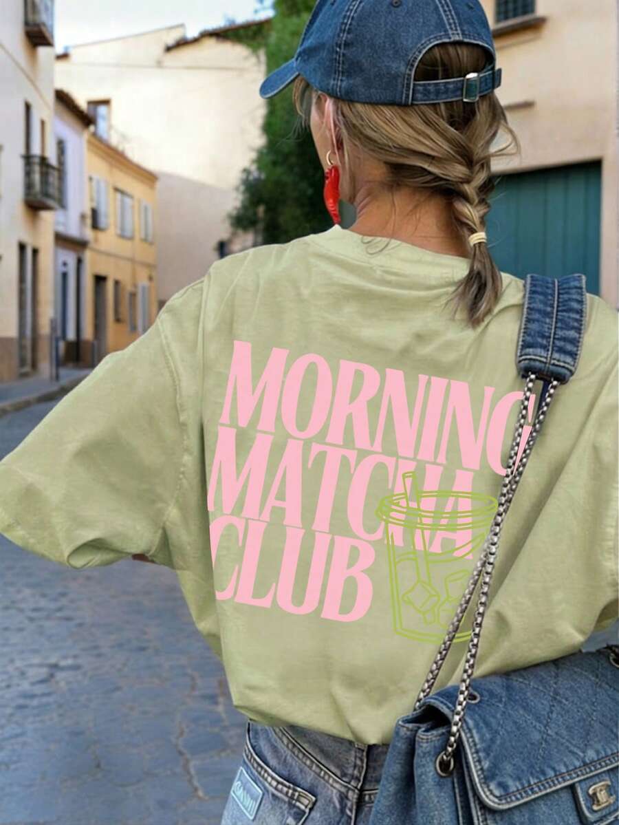 Áo thun nữ tay ngắn cổ tròn màu trắng, kiểu dáng đơn giản, in chữ, thích hợp mặc mùa hè, thời trang và đa năng. - màu xanh lá - Xem 1