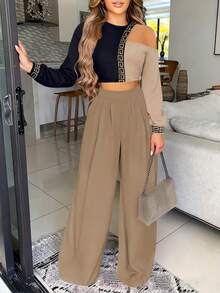 Set de 2 piezas de camiseta de manga larga con cuello redondo y pantalón de pierna recta estampados, de estilo casual y ajustado para mujer, para verano y primavera - Albaricoque - Ver 3
