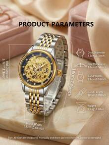 Reloj mecánico automático esqueletizado para mujer con motivo de dragón y fénix, caja bicolor plata y oro, brazalete de acero inoxidable. - Negro - Ver 6