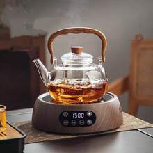 1个高硼硅玻璃茶壶，带竹柄 - 适用于烧水和泡茶，配有可拆卸茶叶过滤器，可用于冲泡花茶和草药茶，家用 - 透明 - 查看 2