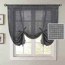 1pc Beige Striped Linen Curtain Tie-Up Roman Shade Chic Semi Sheer Curtain For Kitchen Bathroom Small Windows - Multicolor - View 1