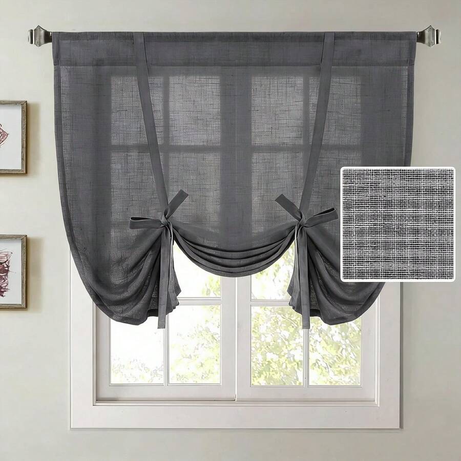 1pc Beige Striped Linen Curtain Tie-Up Roman Shade Chic Semi Sheer Curtain For Kitchen Bathroom Small Windows - Multicolor - View 1