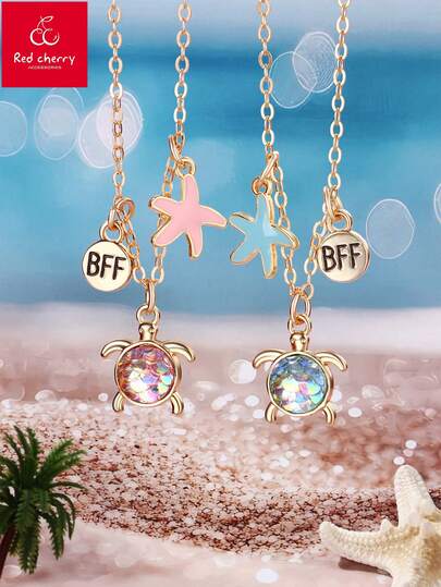 2pcs/Set Kids Cute Best Friend BFF Gift Necklace With Starfish & Turtle Pendants, Ocean World Beach Holiday Style, Suitable For Daily Wear, Gift, Festivals