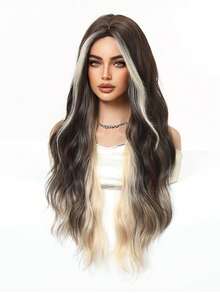 28 Inch Ombre Light Brown To Ash Blonde Water Wave Wig With Middle Part, Pre-Styled Loose Curls, Heat Resistant Synthetic Hair, Perfect For Streetwear, Hip Hop Style, Music Festival, Casual Daily & Club Night, Edgy Hairpiece For Women - Brown Highlight - View 5