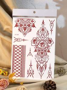 2 Folhas de Tatuagens Temporárias de Henna Vermelha, Adesivos de Mehndi Mandala de Rosas à Prova d'Água para Mãos, Pulsos e Braços, Arte Corporal Boêmia - Vermelho - Ver 6
