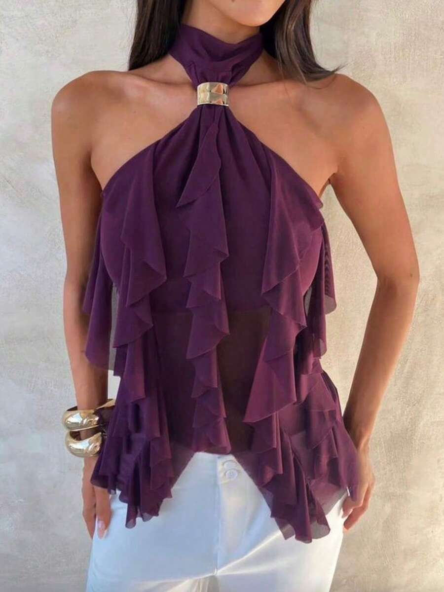Áo tank top xếp tầng mùa hè gợi cảm Kliou dành cho nữ, kiểu dáng quyến rũ, vạt áo bất đối xứng, hở lưng, cổ yếm, khóa kim loại, phối nhiều lớp, không tay, thích hợp cho đi biển, nghỉ mát, dạo phố, câu lạc bộ. - Màu tím - Xem 1