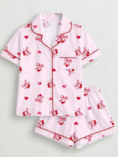 HOREA 2pcs/Set Spring/Summer Women's Sleepwear Set, Heart & Bow Cherry Print, Romantic Valentine's Gift, Comfortable Shirt Collar Short Sleeve Top And Elastic Waist Shorts, Suitable For Parties, Casual Outdoor And Home Wear