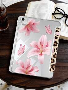 透明亚克力翻盖保护套，百合花和豹纹图案，适用于iPad，内置笔槽，高透明亚克力后盖，防弯折、防刮擦、防摔，8档角度可调支架，磁吸式/自动休眠/唤醒功能，趣味/创意/个性化平板电脑保护套（不含笔，部分型号带镜头框） - 彩色 - 查看 3