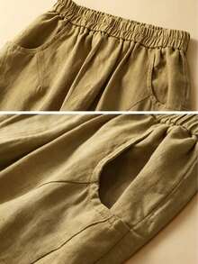 Women's Comfortable Casual High Waist Elastic Linen Flowy Pants, Spring/Summer - Khaki - View 2