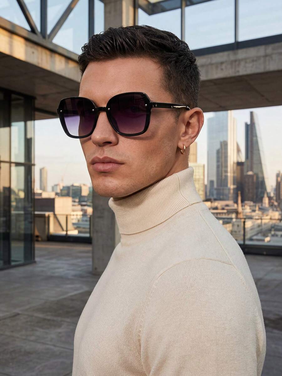 1 pieza Gafas de moda para hombre, nuevo diseño de marco grande y poligonal de lujo, para exteriores, conducción, negocios, casual, uso diario - Multicolor - Ver 1