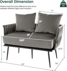 Loveseat Sofa, Upholstered 2 Seat Sofa Couch With Dutch Velvet, Woven Back And Arms, 2 Pillows, Removable Padded Cushion, 5 Solid Metal Legs, For Living Room Apartment Reception Room (Gray) - Grey - View 2