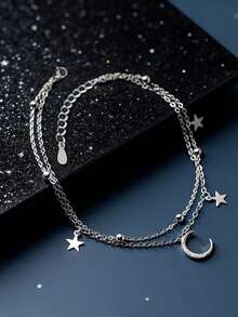 1 chiếc vòng tay bạc Sterling S925 hình ngôi sao và mặt trăng, vòng tay hai lớp lấp lánh thanh lịch dành cho nữ, phụ kiện thời trang tối giản tinh tế hình ngôi sao và mặt trăng theo phong cách . - ngôi sao và mặt trăng - Xem 7